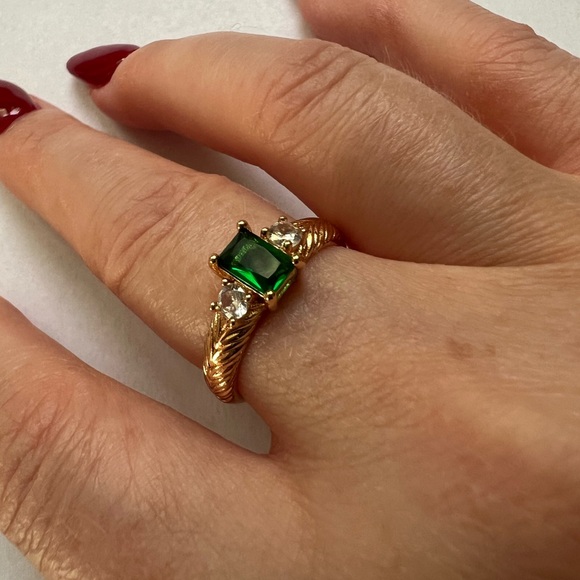 Emerald Cut Green 3-Stone Ring - Size 7, Gold Tone - Picture 2 of 15